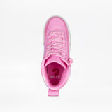 Top view of a Pink Glitz BILLY Classic Lace High kids sneaker by BILLY Footwear, featuring laces, a wraparound zipper, and BILLY branding on the insole, shown against a white background.