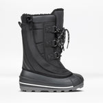 The Black BILLY Ice Boot by BILLY Footwear for kids features a rugged rubber sole, round toe, three hook-and-loop closures with laces, padded upper, and faux-fur lining. Shown from the side on a white background.