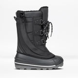 The Black BILLY Ice Boot by BILLY Footwear for kids features a rugged rubber sole, round toe, three hook-and-loop closures with laces, padded upper, and faux-fur lining. Shown from the side on a white background.