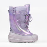 A single children's snow boot in a metallic lavender-purple color with an iridescent finish, featuring a white sole and laces, shown against a plain white background.