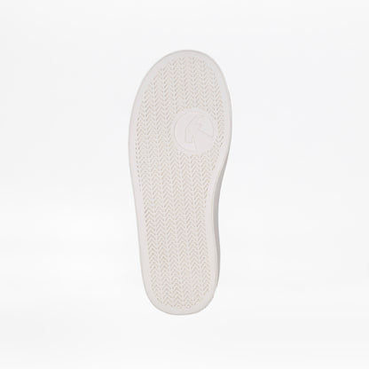 The image shows the bottom of a white shoe sole with a herringbone tread and circular logo, highlighting the design of the Silver Butterfly BILLY Classic Lace High kids sneakers by BILLY Footwear against a plain white background.