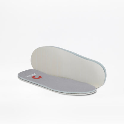 A pair of gray shoe insoles for the Silver Butterfly BILLY Classic Lace High by BILLY Footwear, one flat with the top side visible and one upright showing the white underside, displayed on a white background.