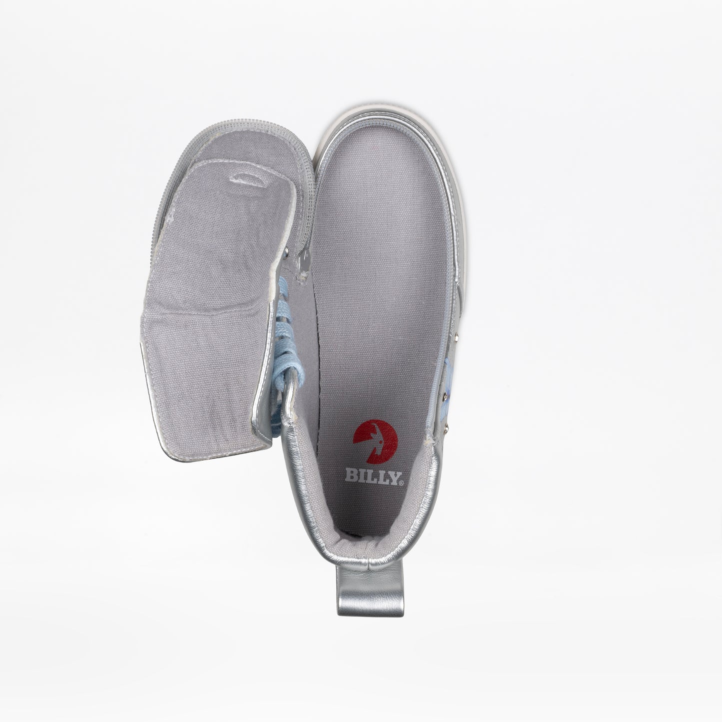 Top view of the Silver Butterfly BILLY Classic Lace High by BILLY Footwear with its upper unzipped, showing the insole and accessible wraparound zipper design for easy entry in these kids' high-top sneakers.