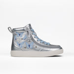 The Silver Butterfly BILLY Classic Lace High from BILLY Footwear features light blue laces, blue butterfly accents, crystal details, a white textured sole, and a convenient wraparound zipper. Ideal kids’ high tops shown on a plain white background.