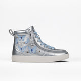 The Silver Butterfly BILLY Classic Lace High from BILLY Footwear features light blue laces, blue butterfly accents, crystal details, a white textured sole, and a convenient wraparound zipper. Ideal kids’ high tops shown on a plain white background.