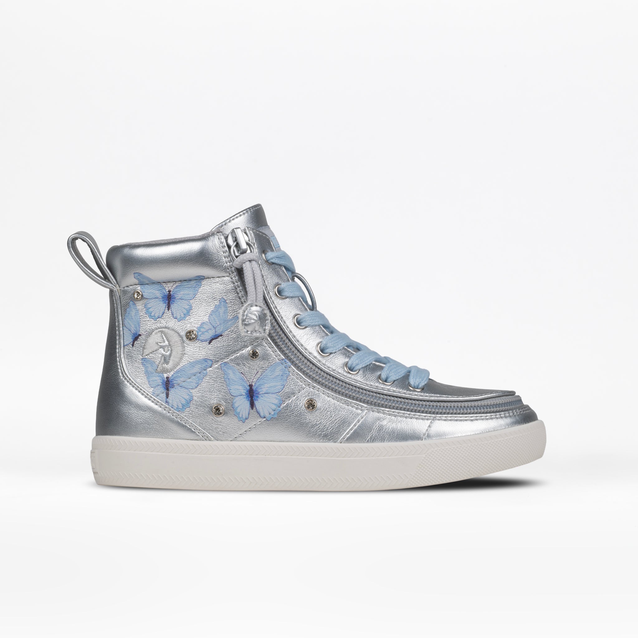 The Silver Butterfly BILLY Classic Lace High from BILLY Footwear features light blue laces, blue butterfly accents, crystal details, a white textured sole, and a convenient wraparound zipper. Ideal kids’ high tops shown on a plain white background.