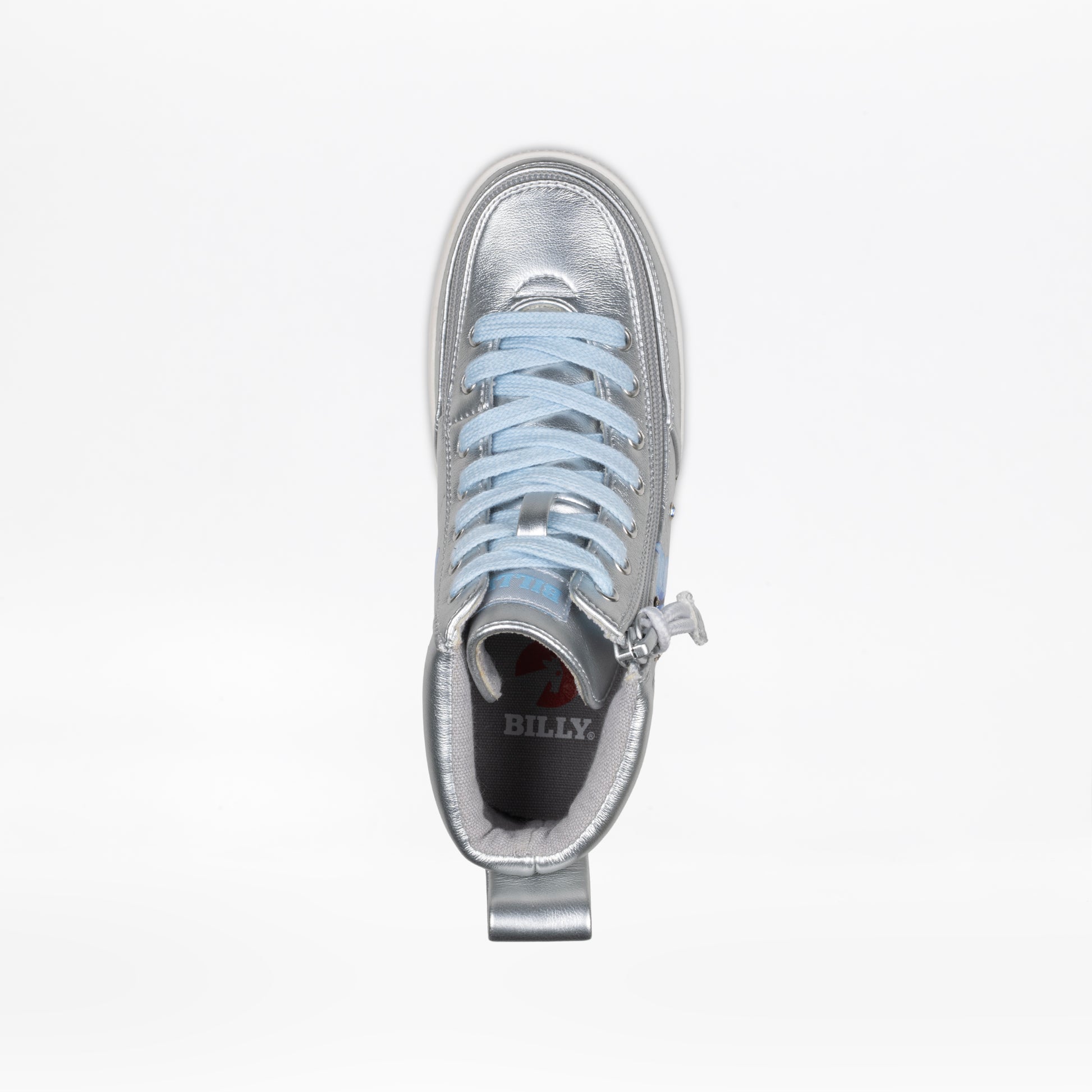 Top view of the Silver Butterfly BILLY Classic Lace High by BILLY Footwear—kids high-top sneakers with light blue laces, a wraparound side zipper, heel pull tab, and an insole featuring the BILLY logo on white.