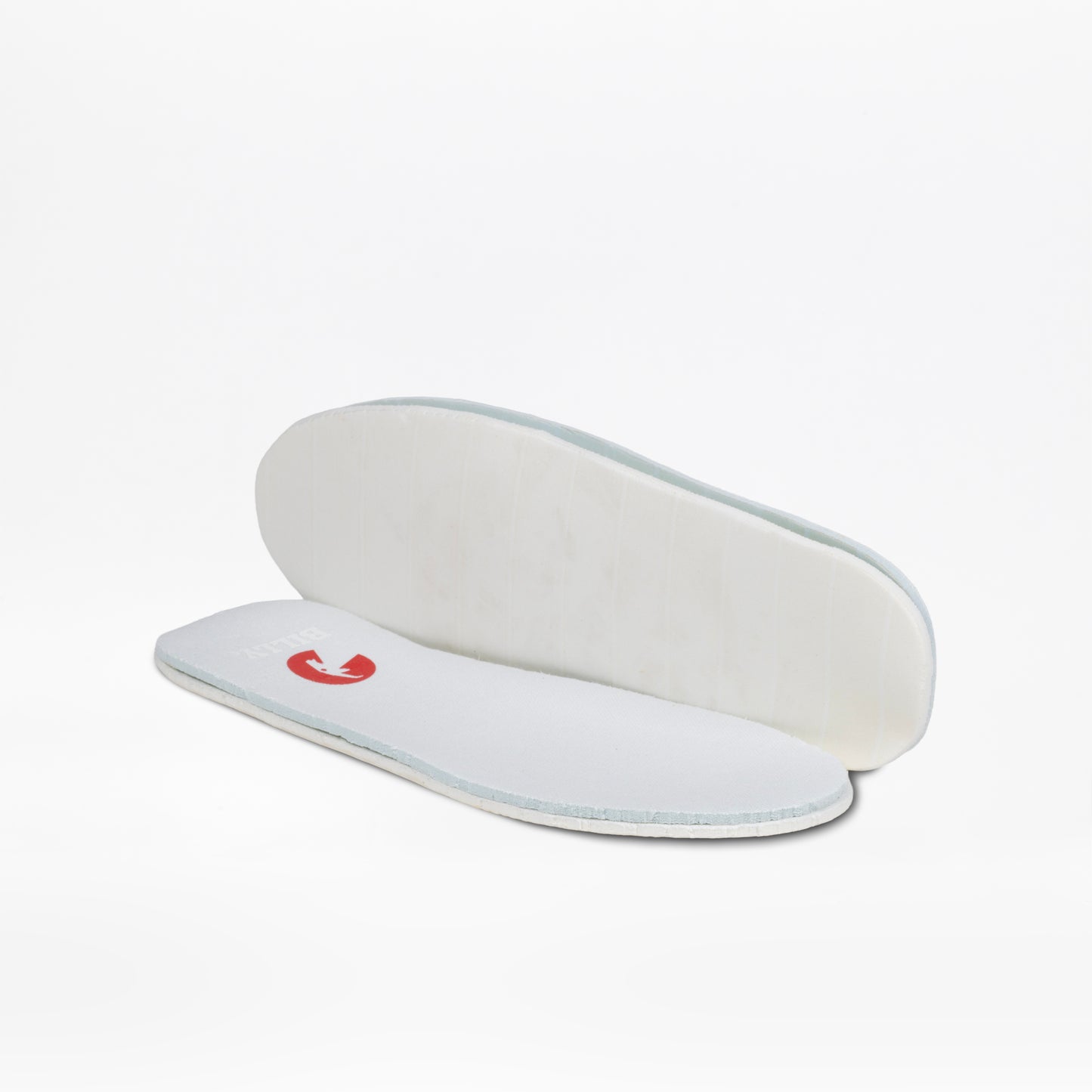 Two white insoles from the Wavy Rainbow BILLY Classic Lace High by BILLY Footwear are displayed on a plain white background—one lies flat showing a red logo, and the other is propped up to reveal the wraparound zipper underside.