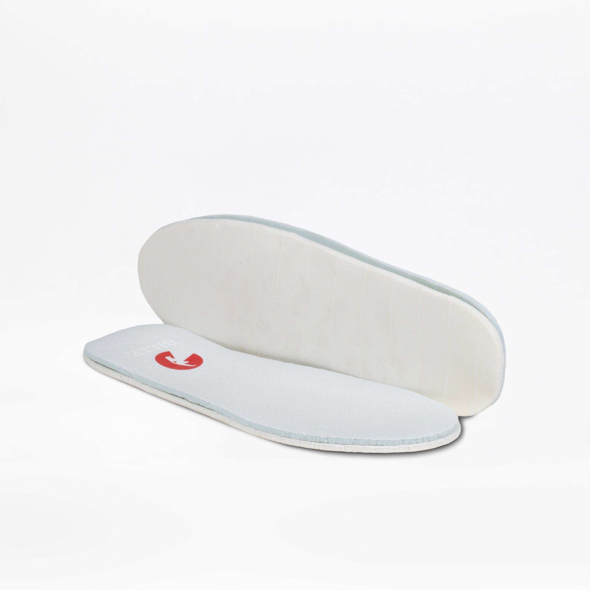 Two white insoles from the Wavy Rainbow BILLY Classic Lace High by BILLY Footwear are displayed on a plain white background—one lies flat showing a red logo, and the other is propped up to reveal the wraparound zipper underside.