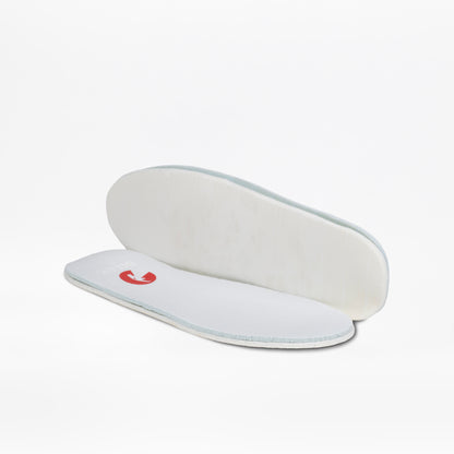Two white insoles from the Wavy Rainbow BILLY Classic Lace High by BILLY Footwear are displayed on a plain white background—one lies flat showing a red logo, and the other is propped up to reveal the wraparound zipper underside.