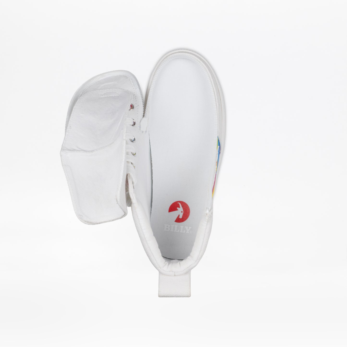 A Wavy Rainbow BILLY Classic Lace High sneaker by BILLY Footwear seen from above, its wraparound zipper open to display the inside sole featuring a red logo and the word BILLY.