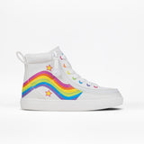 The BILLY Footwear Kids'/Toddler Classic Lace High in Wavy Rainbow features a white high-top style with colorful wavy stripes, red stars, rainbow eyelets, and adjustable laces. Set against a plain white background.