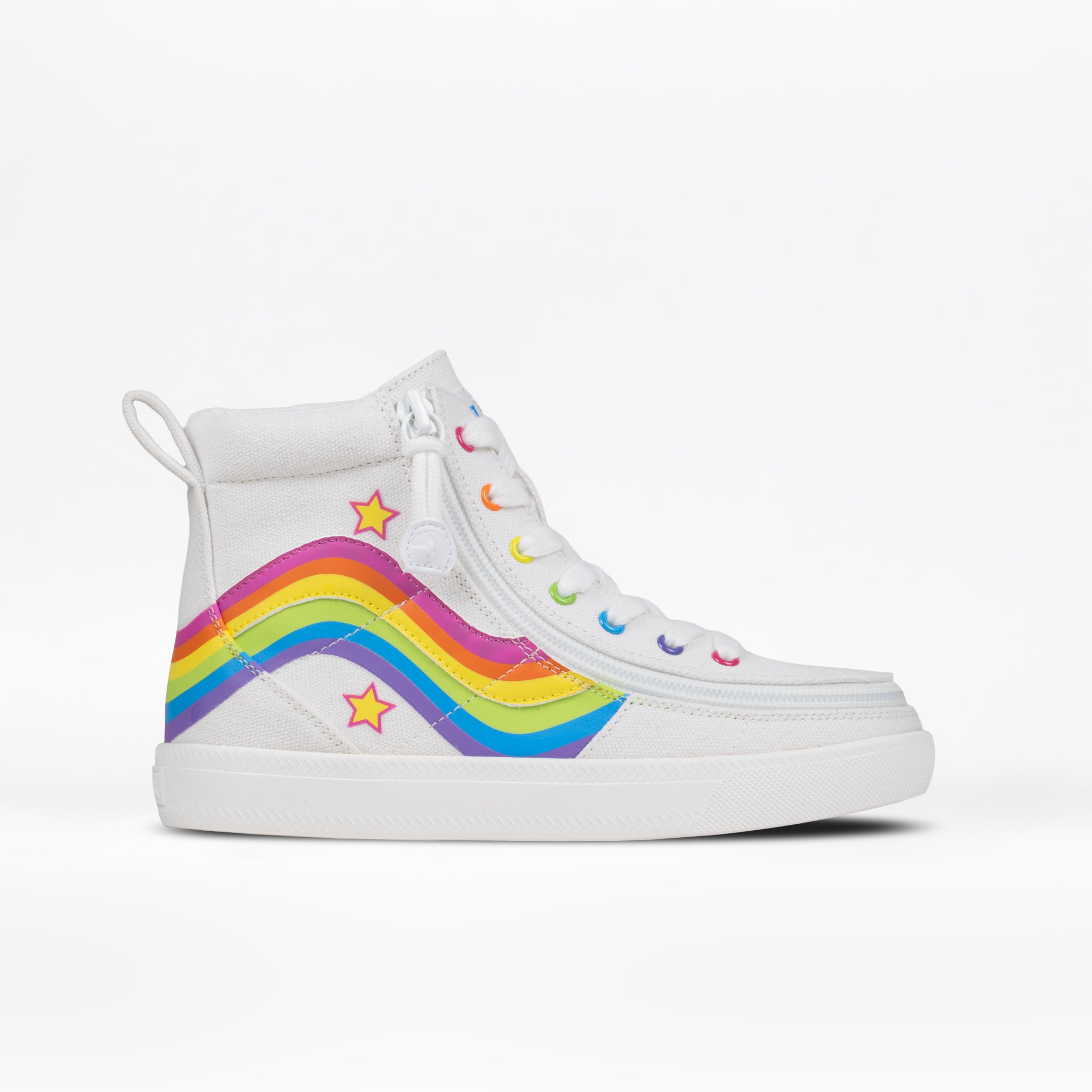 The BILLY Footwear Kids'/Toddler Classic Lace High in Wavy Rainbow features a white high-top style with colorful wavy stripes, red stars, rainbow eyelets, and adjustable laces. Set against a plain white background.