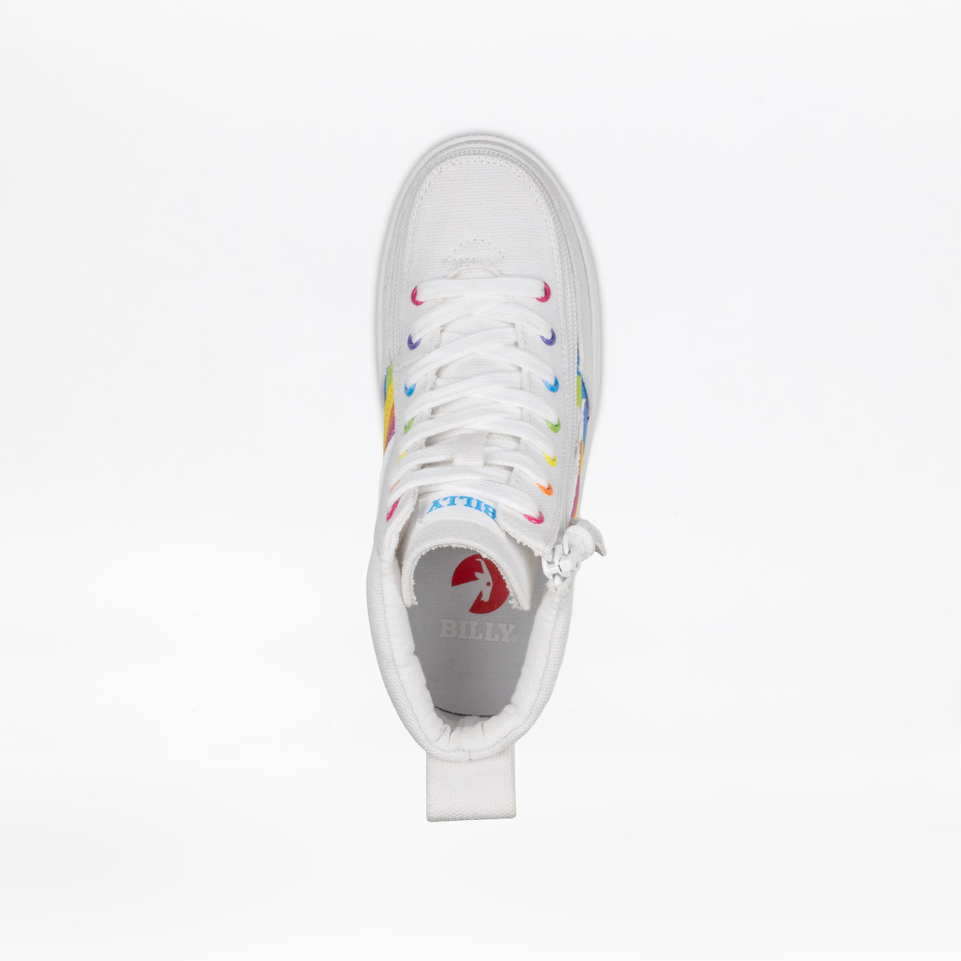 Top view of the Wavy Rainbow BILLY Classic Lace High by BILLY Footwear for kids, featuring rainbow eyelets, white laces, a blue ATTITUDE pull tab, wraparound zipper, and red BILLY branding on the insole.