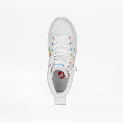 Top view of the Wavy Rainbow BILLY Classic Lace High by BILLY Footwear for kids, featuring rainbow eyelets, white laces, a blue ATTITUDE pull tab, wraparound zipper, and red BILLY branding on the insole.