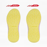 Two yellow shoe soles from the BILLY Footwear Pink Confetti BILLY Sport Inclusion DZ1 kids' sneakers are shown side by side on a white background, labeled Medium (left) and Wide (right) to highlight the width difference.