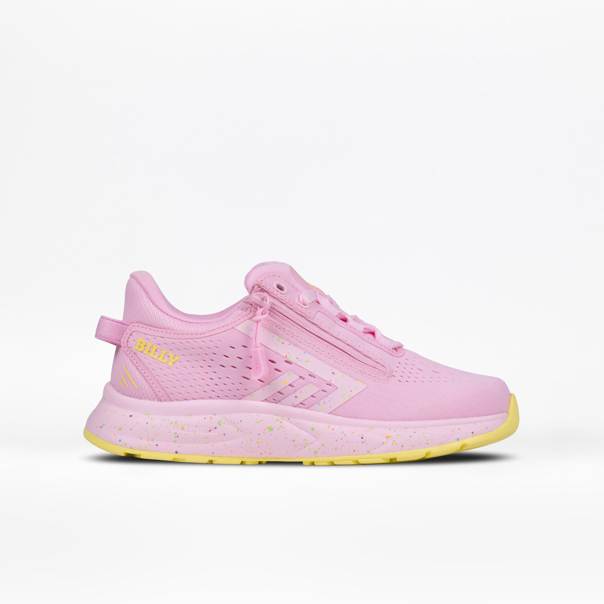 The Pink Confetti BILLY Sport Inclusion DZ1 sneaker by BILLY Footwear features double zippers, a yellow speckled sole, and “BILLY” in yellow on the heel, shown against a plain white background.