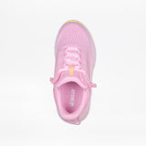 A top view of the Pink Confetti BILLY Sport Inclusion DZ1 kids athletic shoe by BILLY Footwear, showing "BILLY" in yellow on the tongue and in white on the insole, displayed against a plain white background.