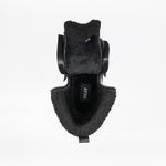 Black shoe with textured sole and visible brand logo on a white background