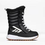 Black winter boot with white laces and sole on a light gray background