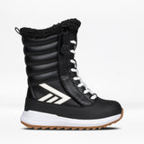 Black winter boot with white laces and sole on a light gray background