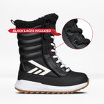 Black winter boot with white laces and sole, featuring a close-up of black laces included text.