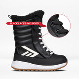 Black winter boot with white laces and sole, featuring a close-up of black laces included text.