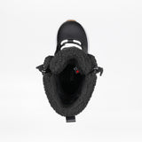 Black winter boot with fuzzy lining on a white background