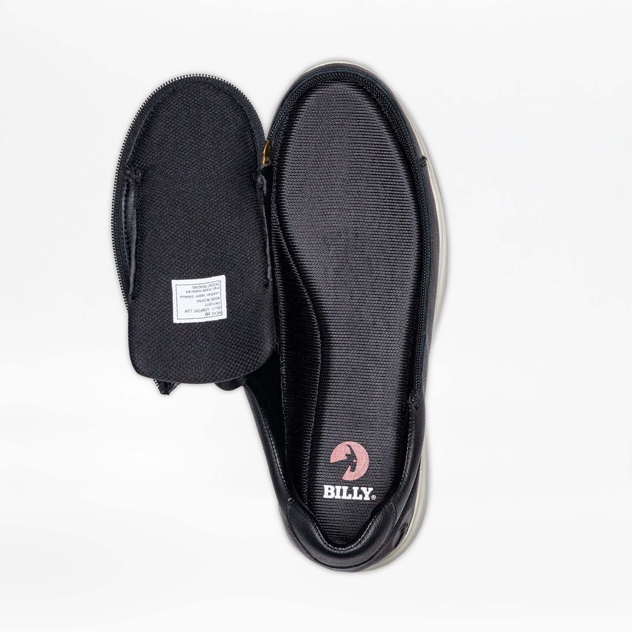Men's black adaptive shoe opened with a wraparound zipper, showing the insole with the BILLY logo.