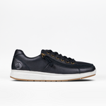 Black leather sneaker with gold accents on a white background