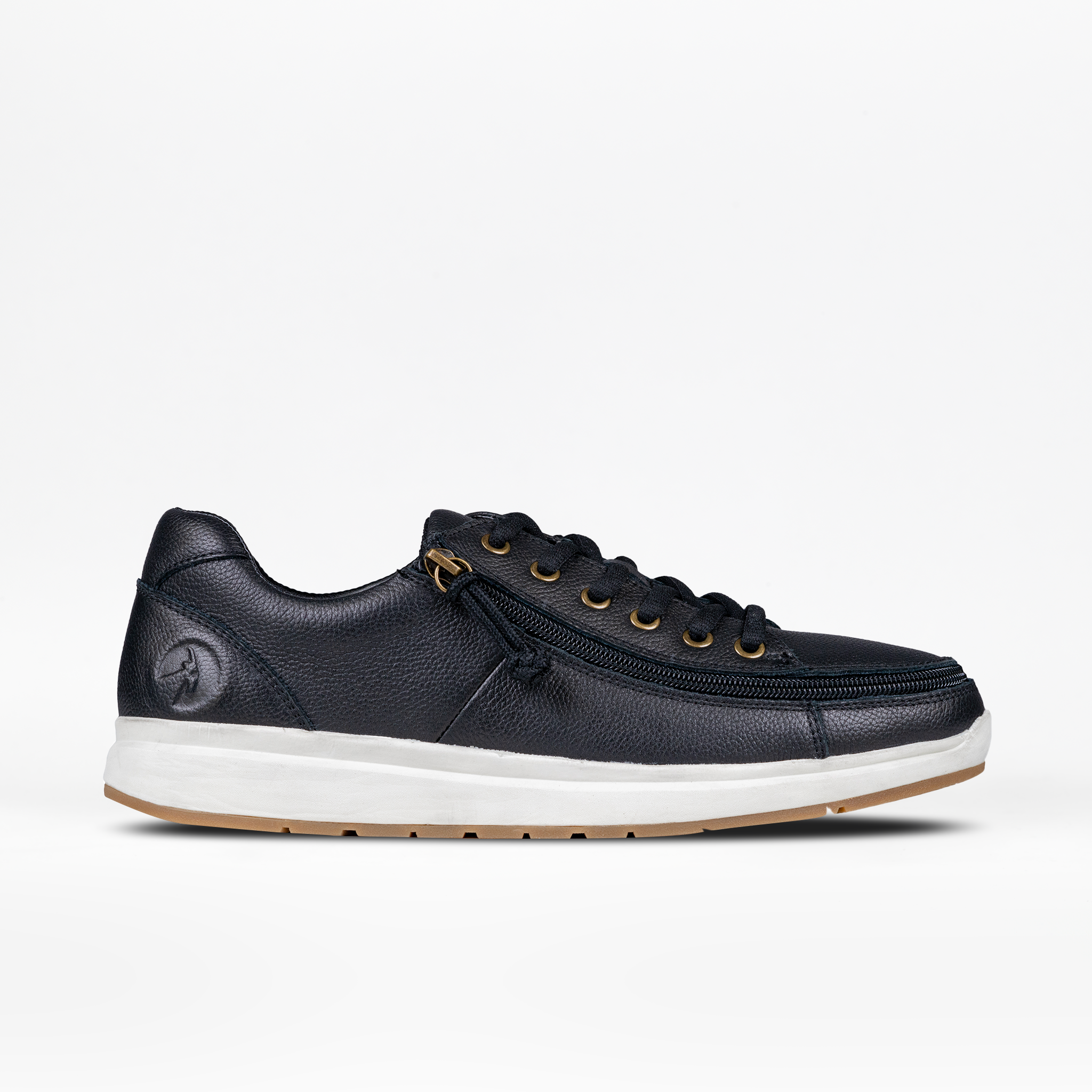 Black leather sneaker with gold accents on a white background