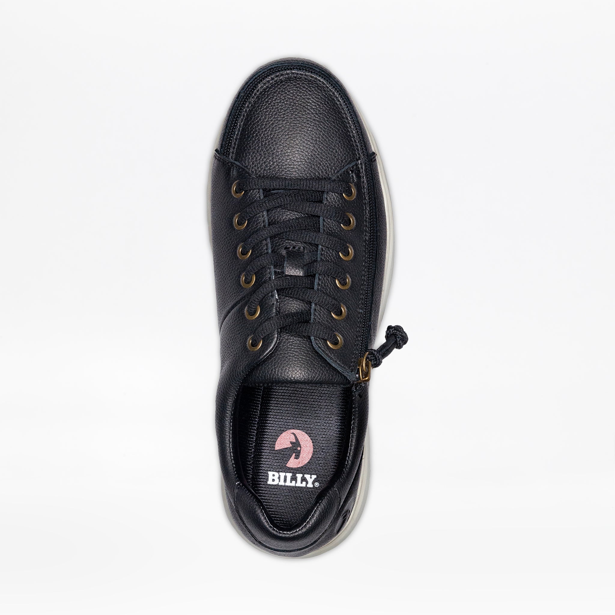 Top-down view of a men's black sneaker with a side zipper and a red ‘BILLY’ logo on the insole.