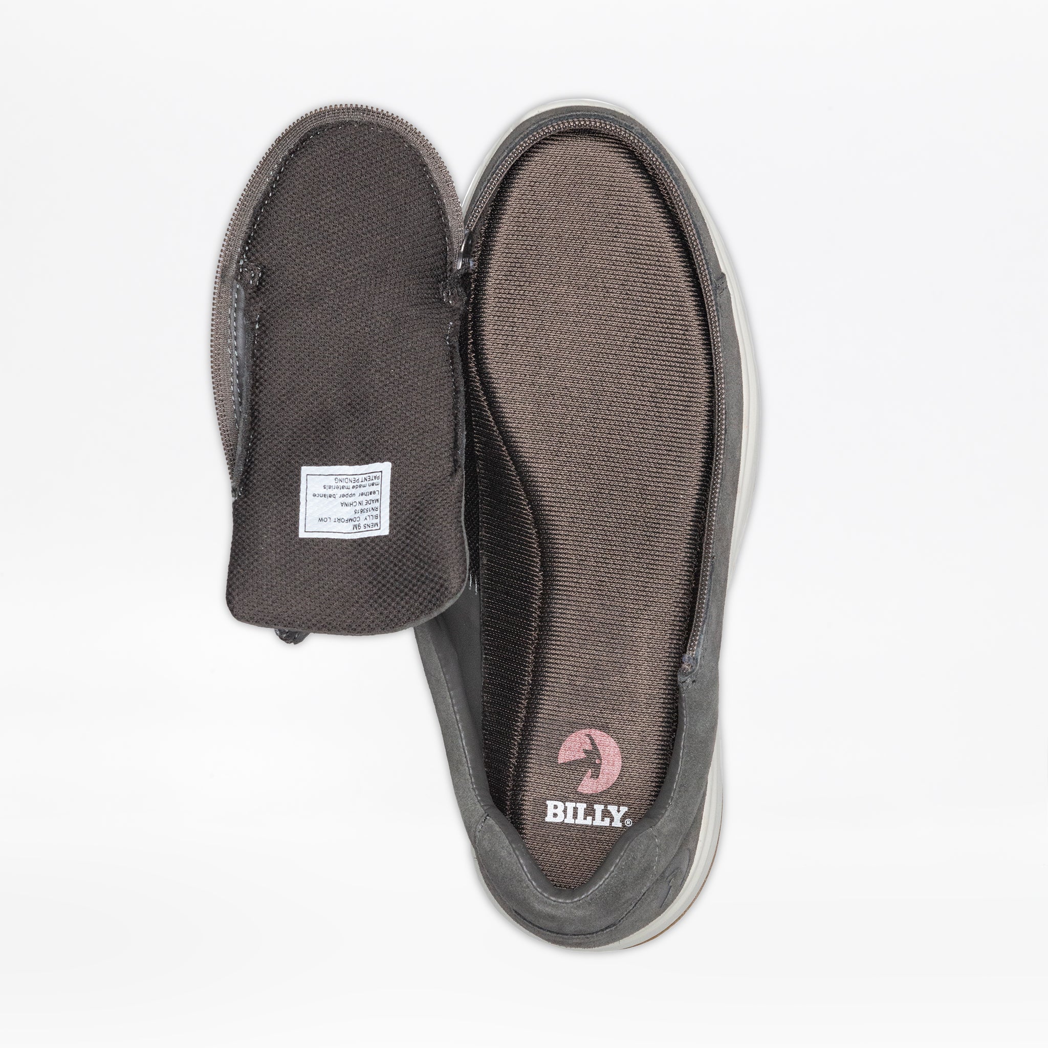 Men's grey adaptive shoe opened with a wraparound zipper, showing the insole with the BILLY logo.