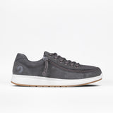 Grey sneaker with a white sole on a white background
