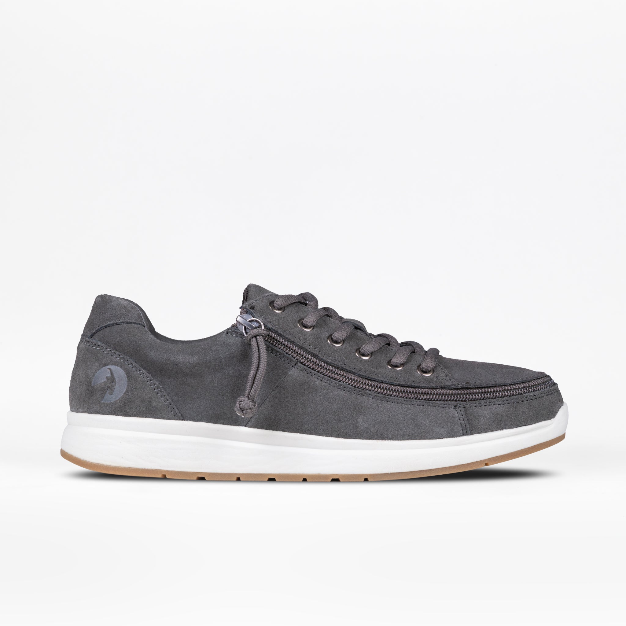 Grey sneaker with a white sole on a white background