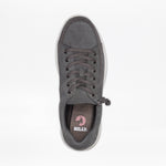 Top-down view of a men's grey sneaker with a side zipper and a red ‘BILLY’ logo on the insole.