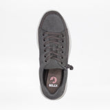 Top-down view of a men's grey sneaker with a side zipper and a red ‘BILLY’ logo on the insole.