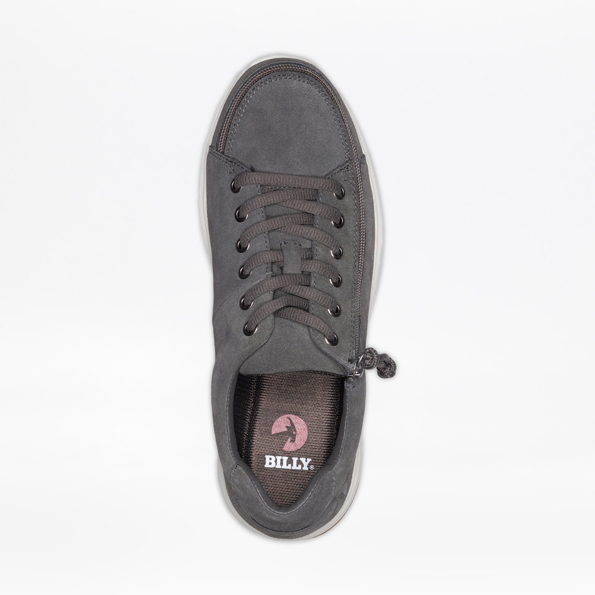 Top-down view of a men's grey sneaker with a side zipper and a red ‘BILLY’ logo on the insole.