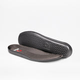 Two pairs of black shoe insoles on a white background
