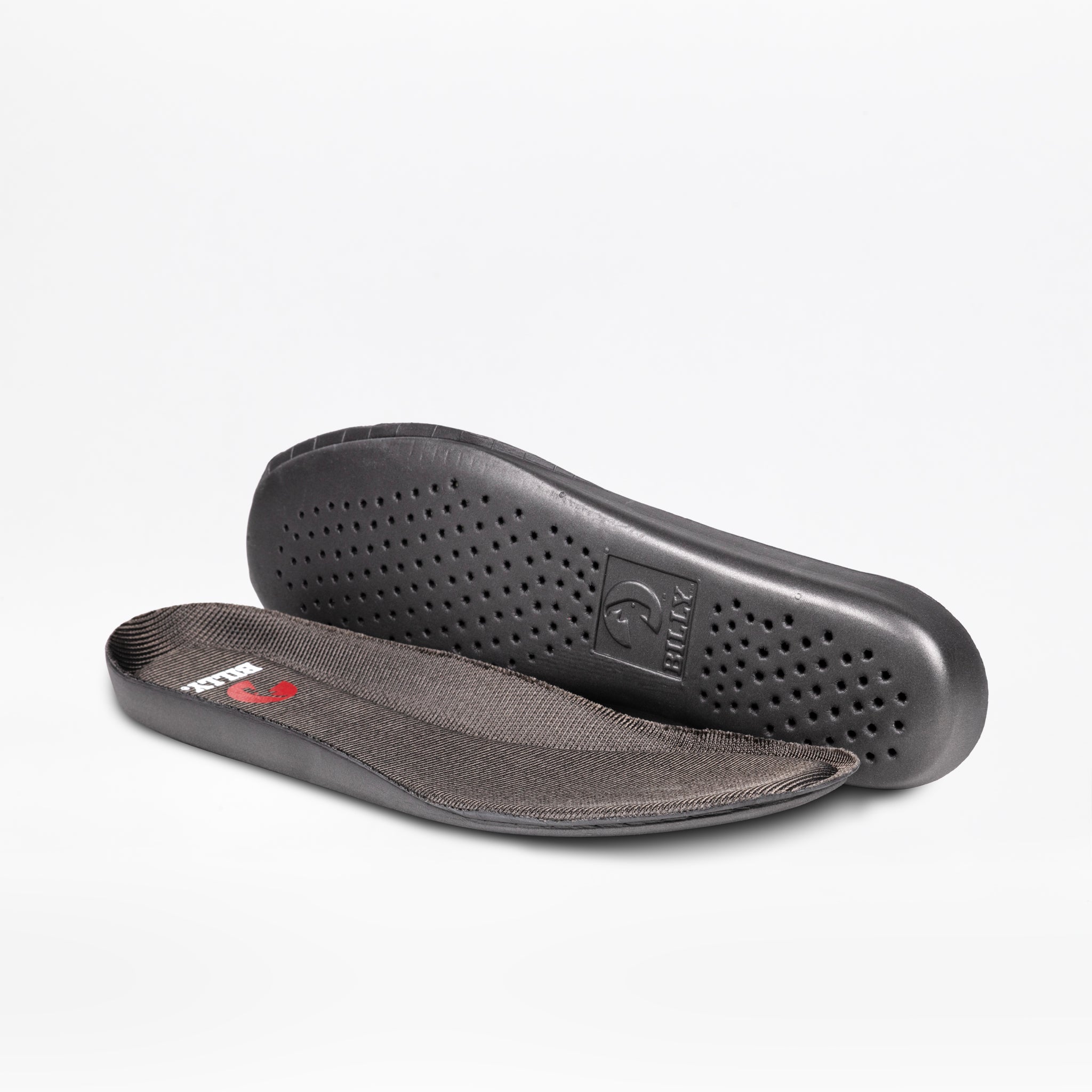 Two pairs of black shoe insoles on a white background