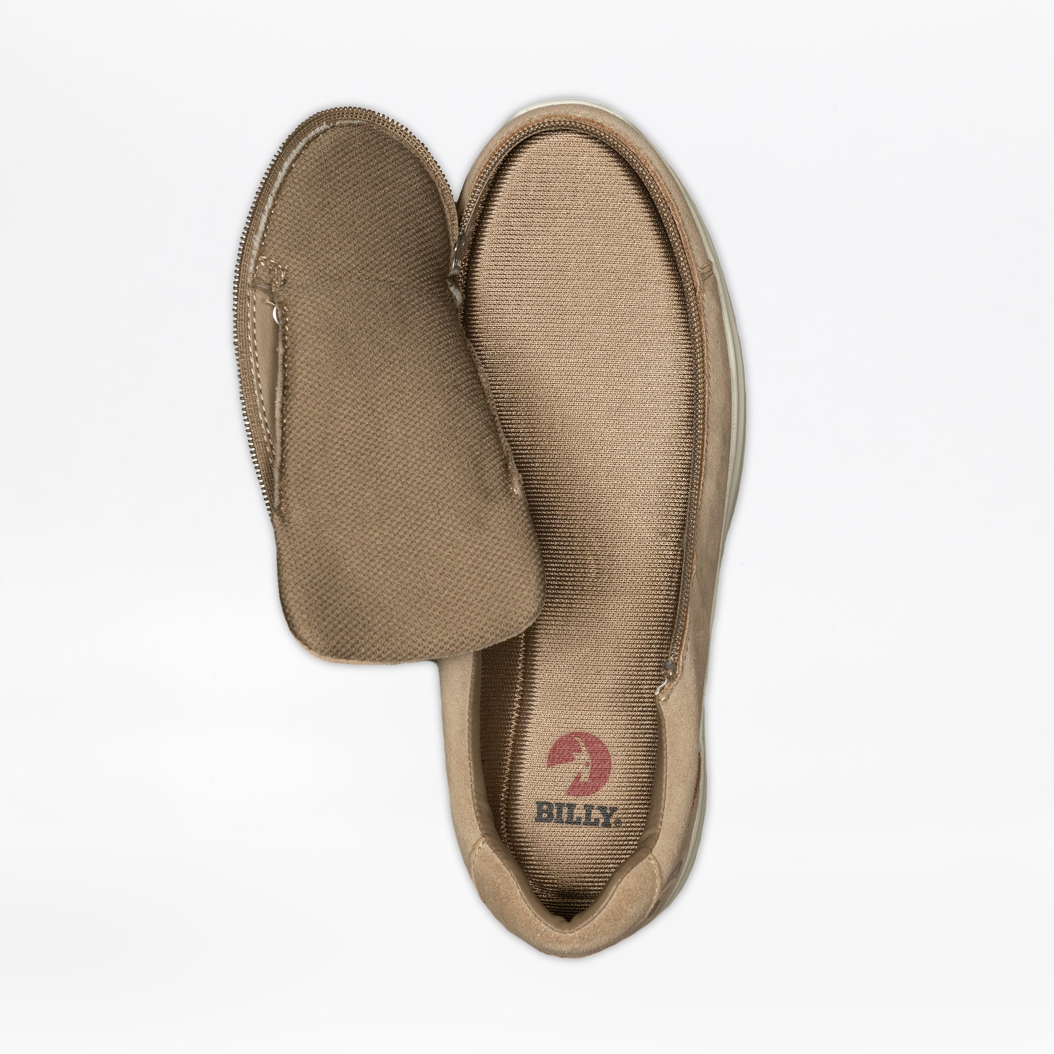 Men's tan adaptive shoe opened with a wraparound zipper, showing the insole with the BILLY logo.