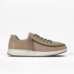 Men's tan suede low-top sneaker with a zipper on the side.