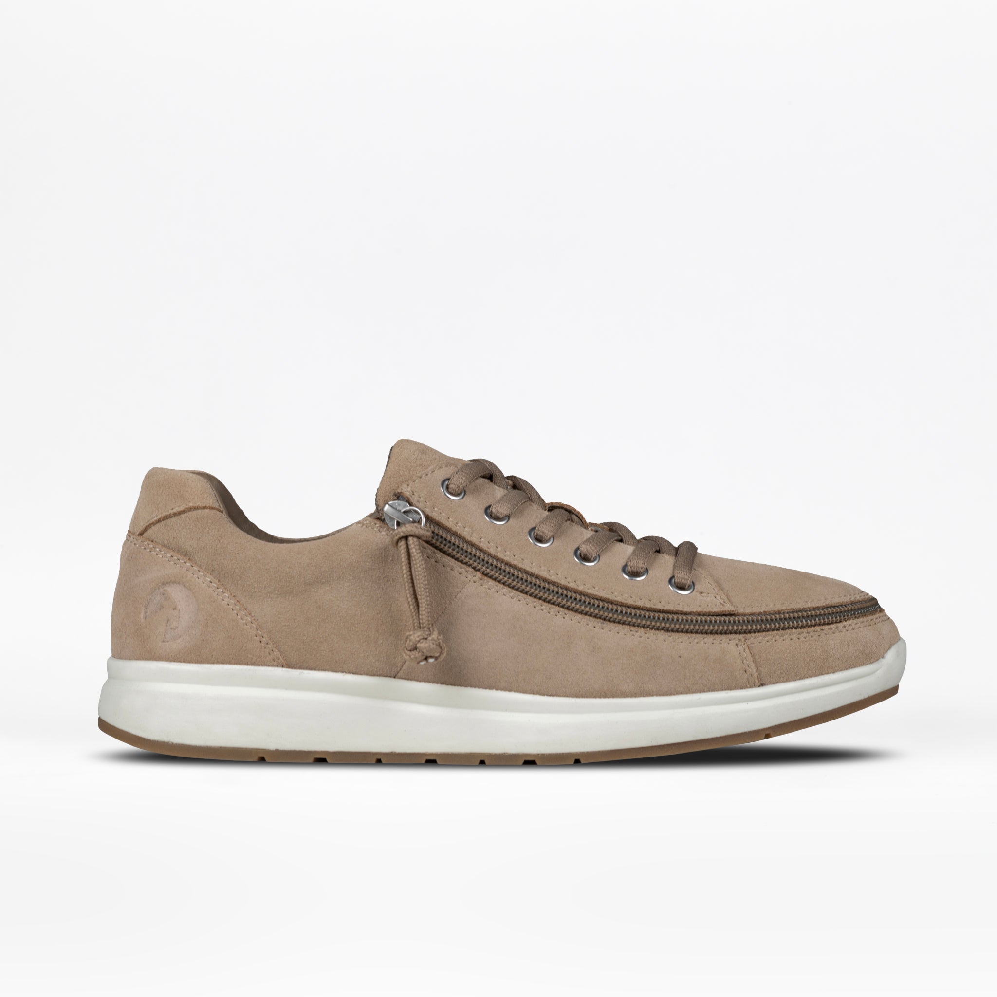 Men's tan suede low-top sneaker with a zipper on the side.