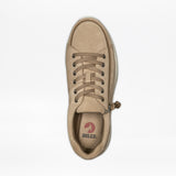 Top-down view of a men's tan sneaker with a side zipper and a red ‘BILLY’ logo on the insole.