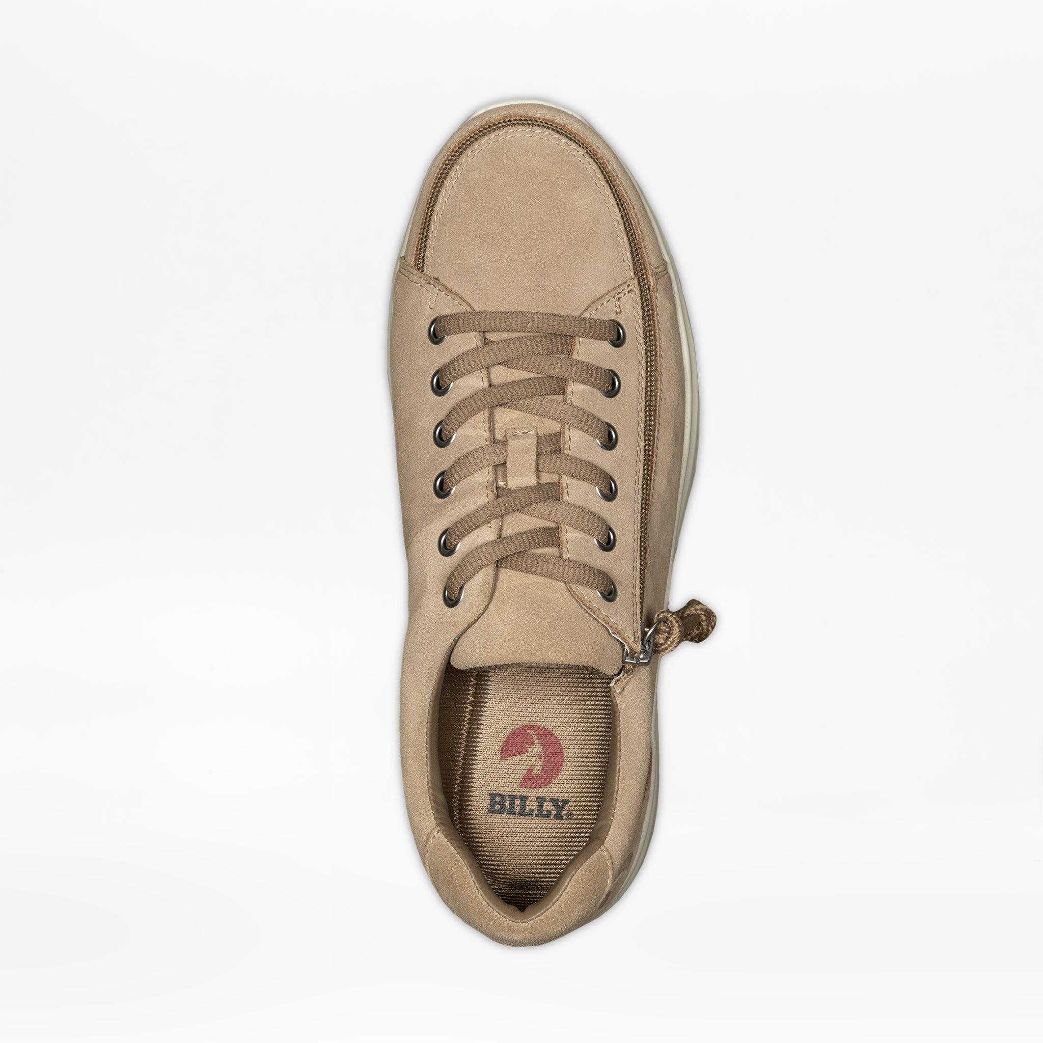 Top-down view of a men's tan sneaker with a side zipper and a red ‘BILLY’ logo on the insole.