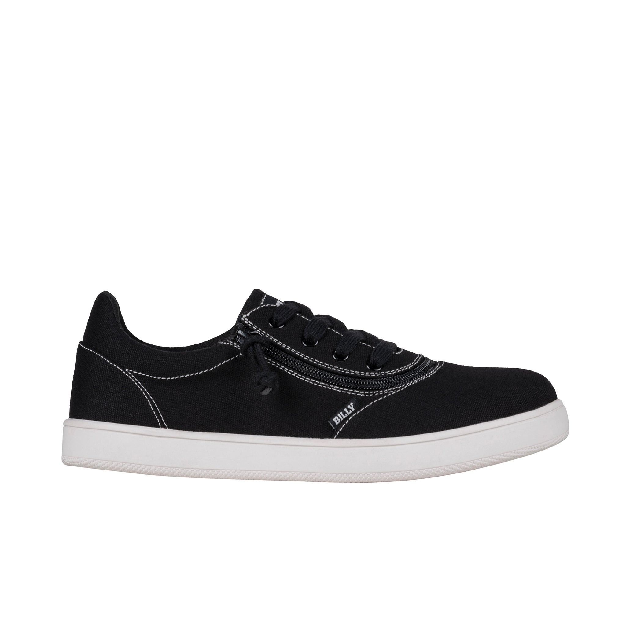 Black sneaker with white sole on a white background