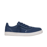 Navy blue sneaker with white sole on a white background