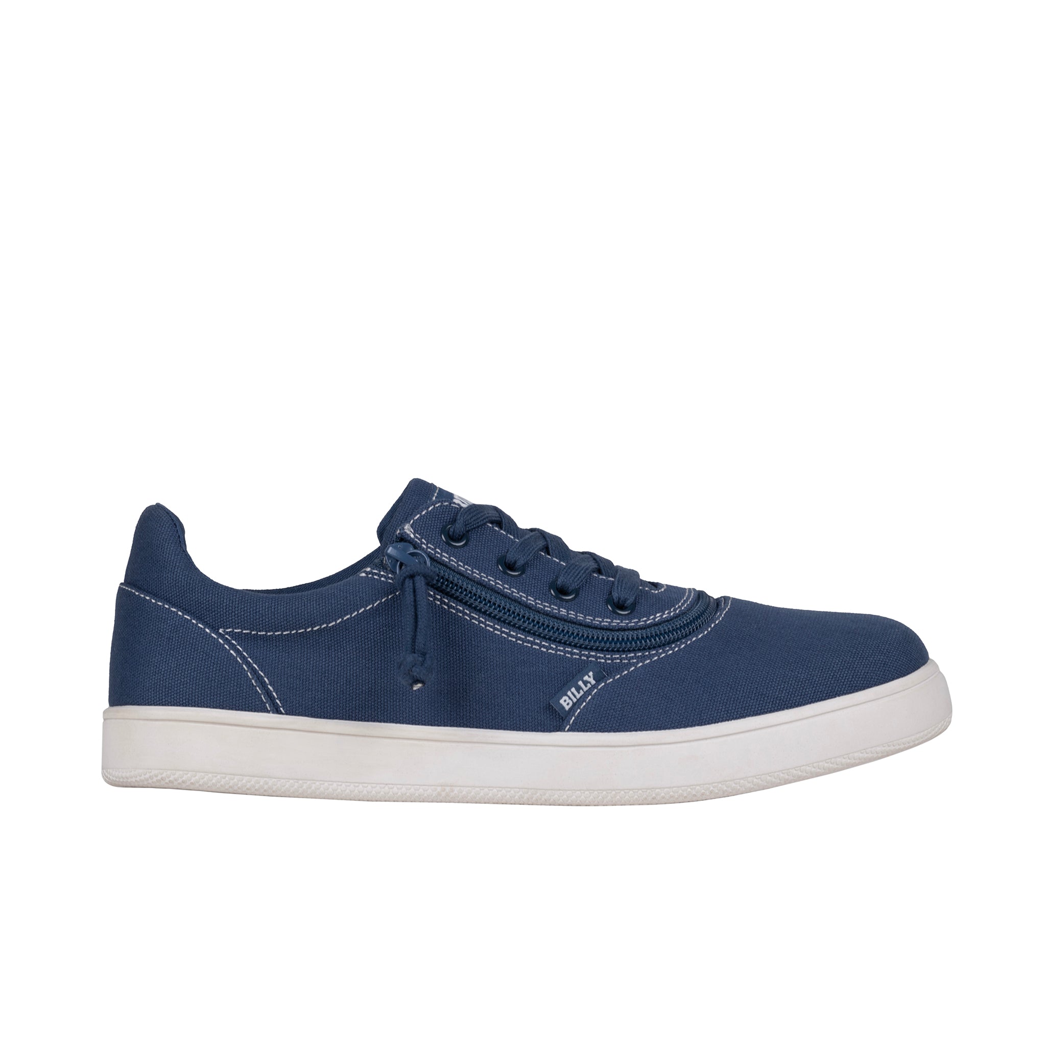 Navy blue sneaker with white sole on a white background