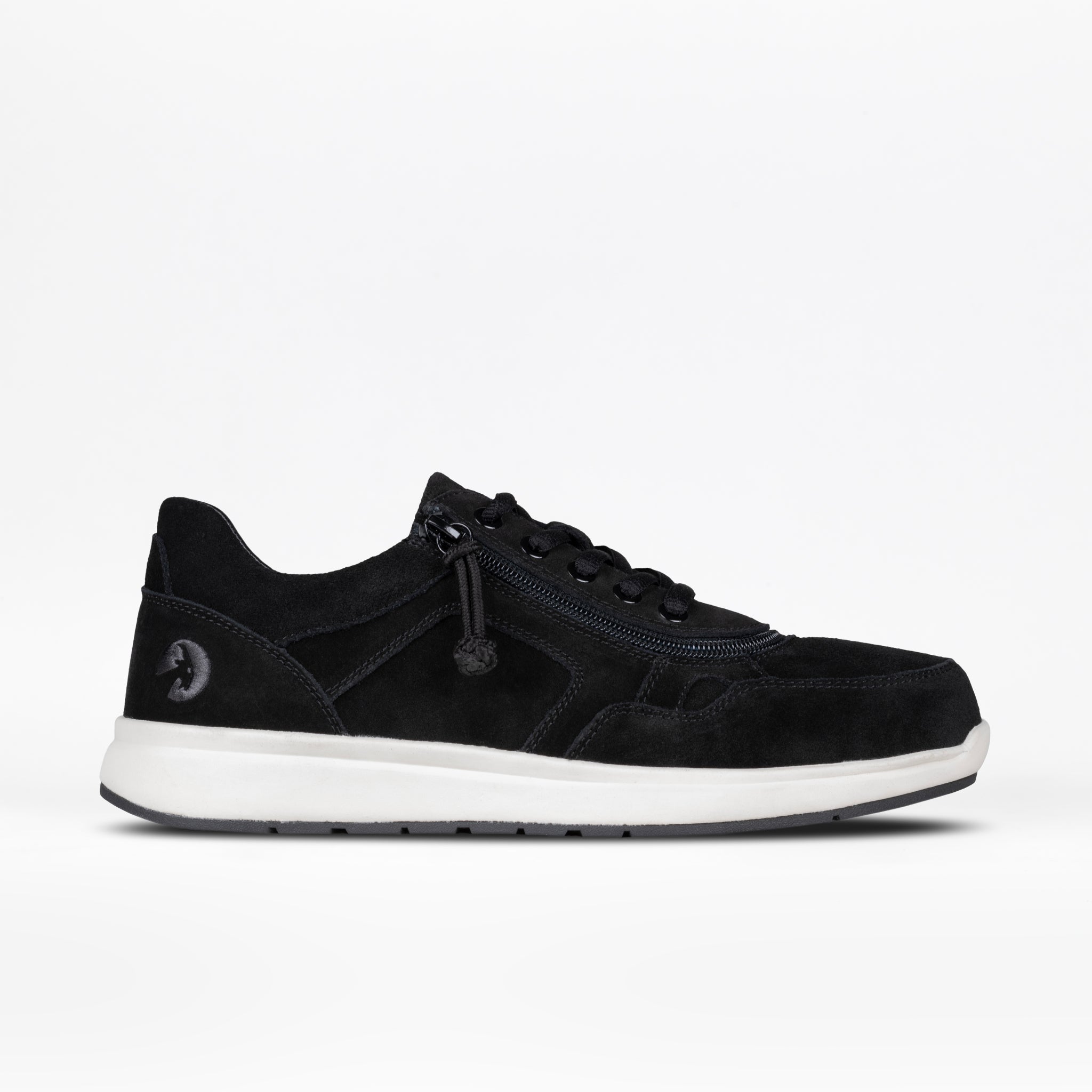 Black sneaker with a white sole on a white background