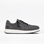 A grey suede men's jogger shoe with a wraparound zipper and white sole.
